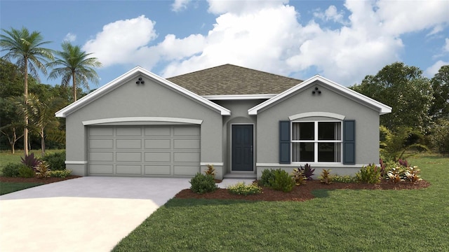 single story home with a garage, a front yard, concrete driveway, and stucco siding