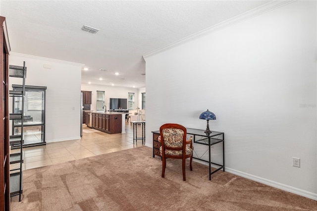 interior space with light tile patterned floors, light colored carpet, visible vents, ornamental molding, and a sink