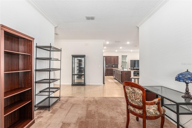 interior space featuring light carpet, light tile patterned floors, visible vents, and crown molding