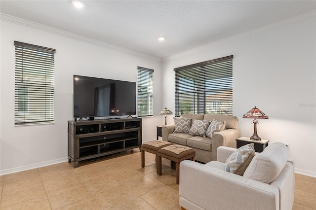 living area with baseboards, recessed lighting, light tile patterned flooring, and crown molding