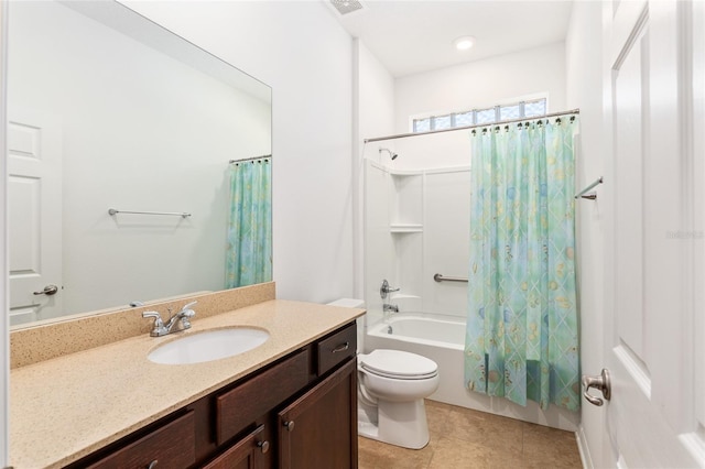 full bath with visible vents, shower / bathtub combination with curtain, toilet, vanity, and tile patterned floors