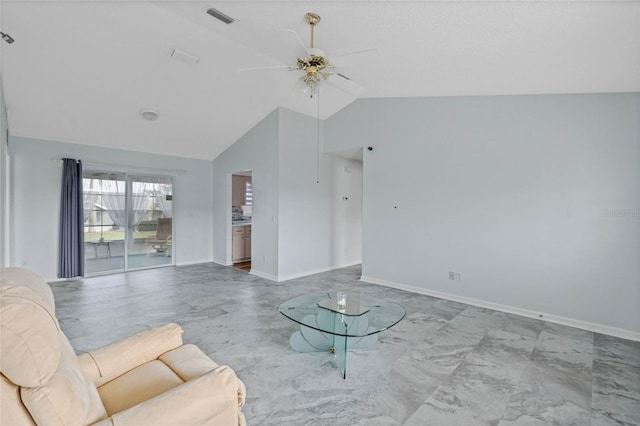 unfurnished living room with marble finish floor, lofted ceiling, visible vents, a ceiling fan, and baseboards