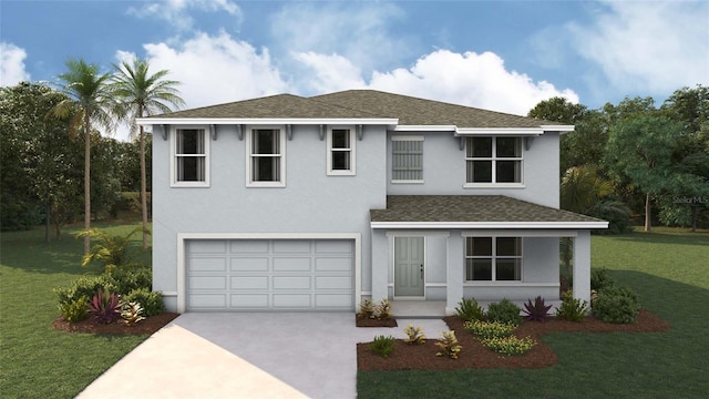 view of front of home with a garage, a front yard, driveway, and stucco siding