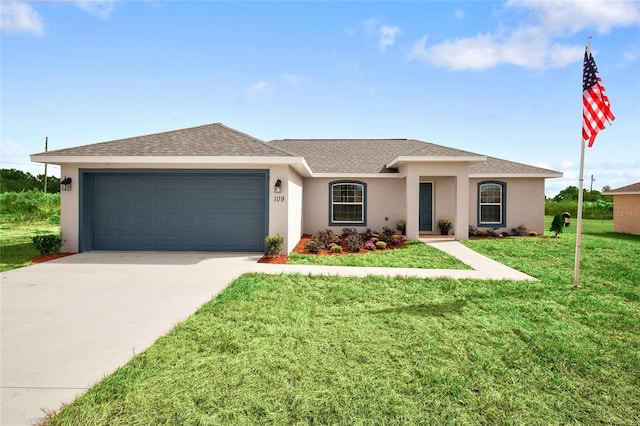 single story home with roof with shingles, stucco siding, a garage, driveway, and a front lawn