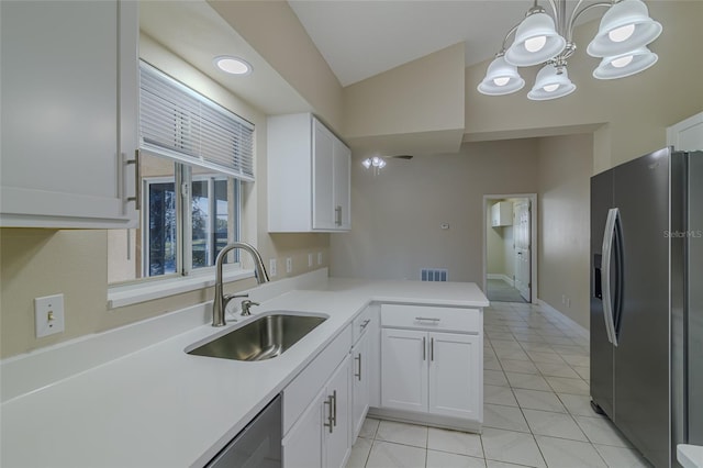 kitchen with white cabinets, stainless steel fridge with ice dispenser, visible vents, and a sink