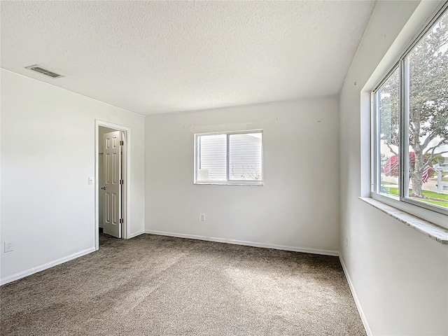 carpeted spare room with a textured ceiling, a wealth of natural light, visible vents, and baseboards