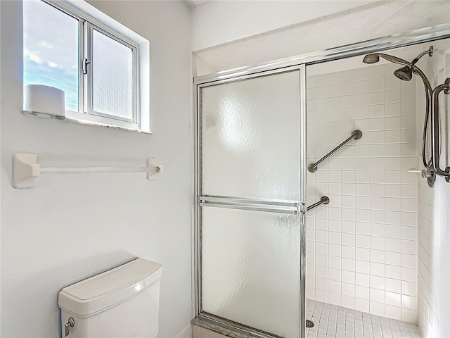 bathroom featuring toilet and a shower stall