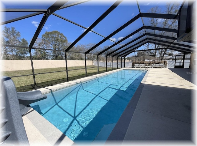 view of pool with a fenced in pool, a lawn, a patio area, a lanai, and a fenced backyard