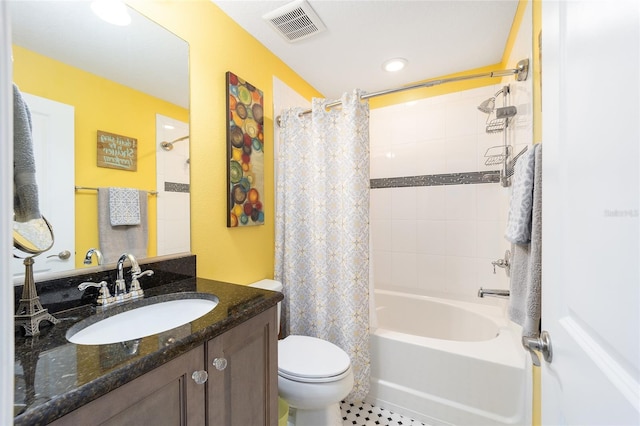 bathroom with shower / bath combo with shower curtain, visible vents, toilet, and vanity