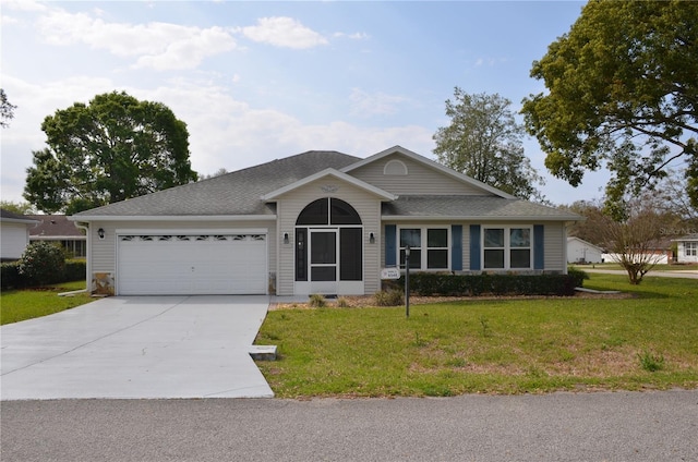 ranch-style house featuring concrete driveway, a front lawn, an attached garage, and a shingled roof