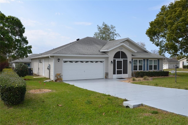 ranch-style home with a garage, concrete driveway, roof with shingles, central AC, and a front yard