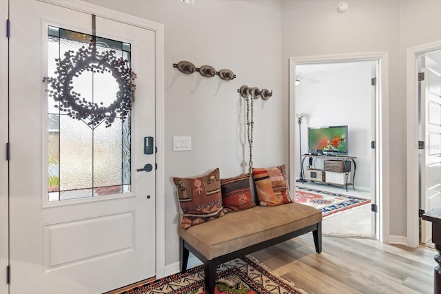 doorway to outside with light wood finished floors, baseboards, and a wealth of natural light