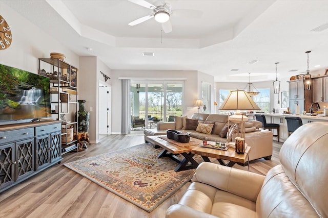 living area featuring light wood-style floors, a raised ceiling, and a healthy amount of sunlight