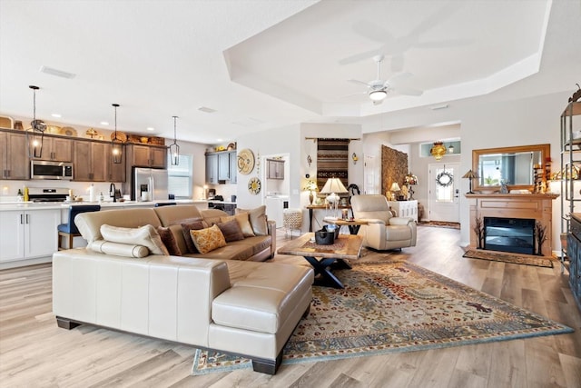 living room featuring light wood-style floors, a wealth of natural light, and a raised ceiling