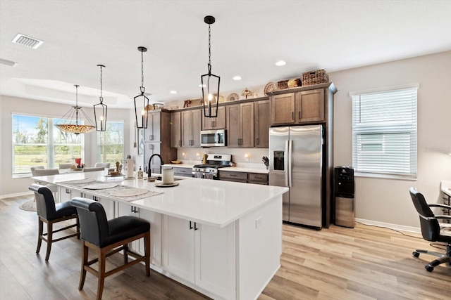 kitchen with a breakfast bar, stainless steel appliances, visible vents, light wood-style flooring, and a kitchen island with sink