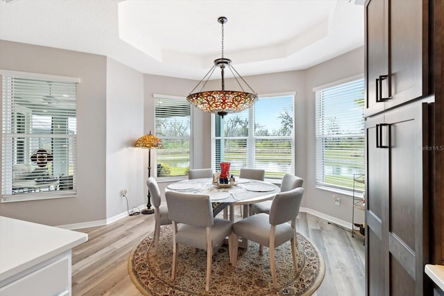 dining space with baseboards, a raised ceiling, and light wood-style floors