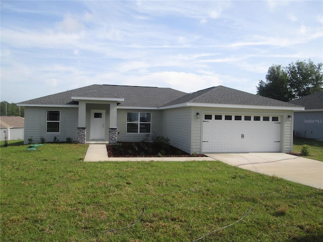 single story home with a front lawn, driveway, roof with shingles, and a garage