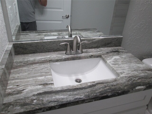 interior details with a textured wall and vanity