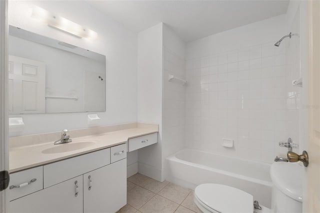 full bathroom featuring shower / bath combination, toilet, vanity, and tile patterned flooring