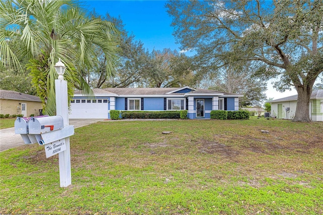 single story home with a front lawn, driveway, an attached garage, and stucco siding