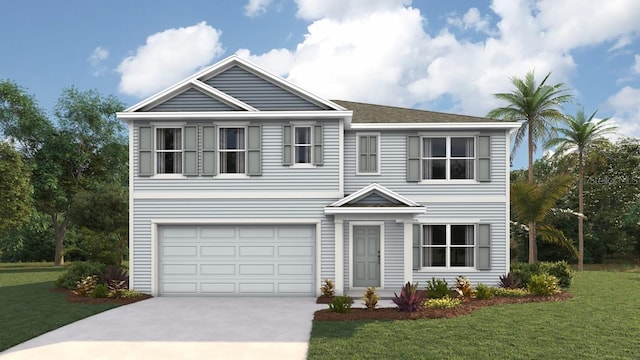 view of front of property with driveway, a front lawn, and an attached garage