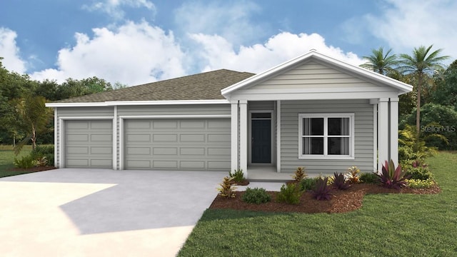 view of front facade featuring a garage, driveway, a shingled roof, and a front yard