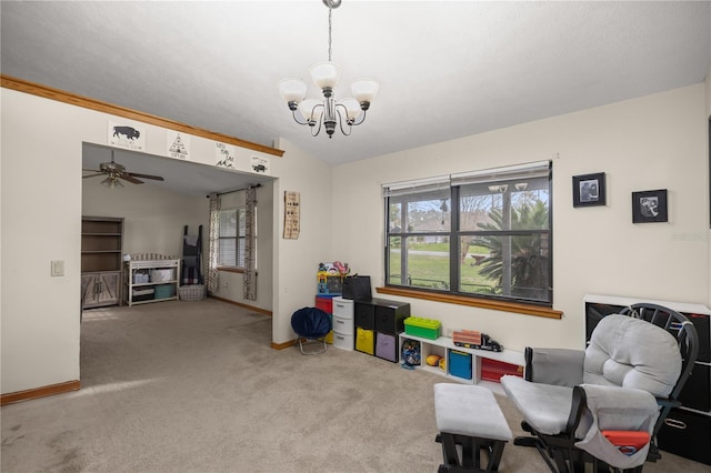 playroom with baseboards, a chandelier, vaulted ceiling, and carpet flooring