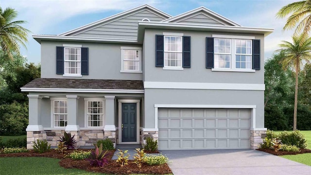 view of front of home featuring a garage, stone siding, driveway, roof with shingles, and stucco siding