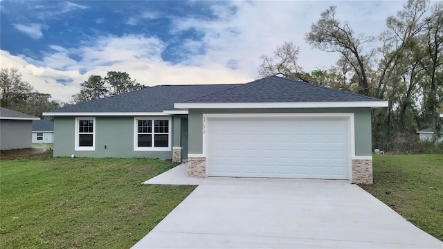 ranch-style house with stone siding, concrete driveway, a front lawn, and stucco siding