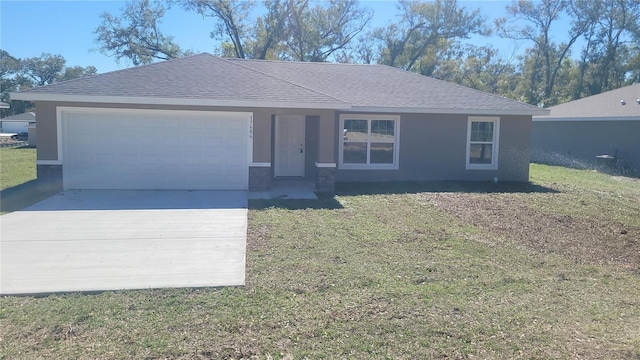 ranch-style house featuring an attached garage, driveway, roof with shingles, stucco siding, and a front lawn