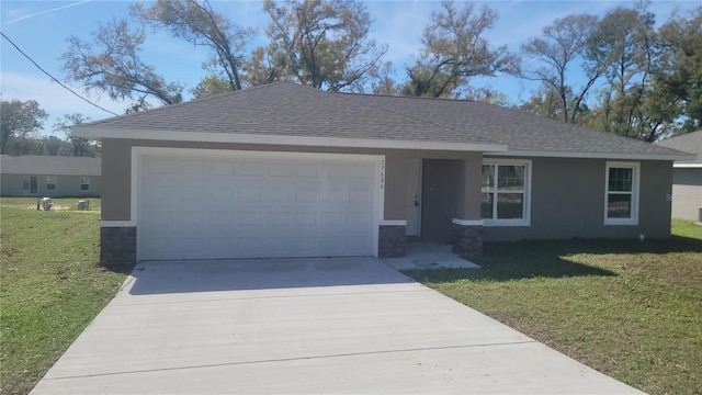 ranch-style house with a front lawn, stucco siding, an attached garage, and a shingled roof