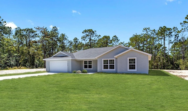 single story home with a front yard, a garage, driveway, and stucco siding