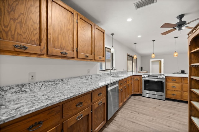 kitchen featuring visible vents, brown cabinetry, appliances with stainless steel finishes, open shelves, and a sink