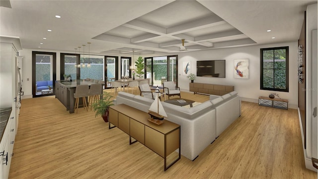 living area with recessed lighting, coffered ceiling, beamed ceiling, and light wood-style flooring