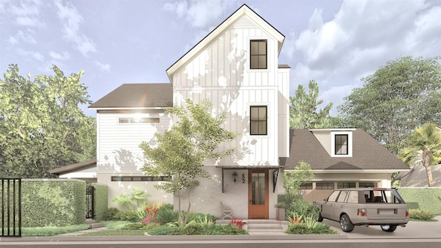 modern farmhouse style home with a garage, driveway, board and batten siding, and brick siding