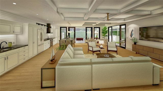 interior space with light wood finished floors, coffered ceiling, beam ceiling, and recessed lighting