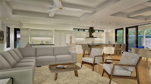 living room with light wood-style flooring, recessed lighting, coffered ceiling, a ceiling fan, and beamed ceiling