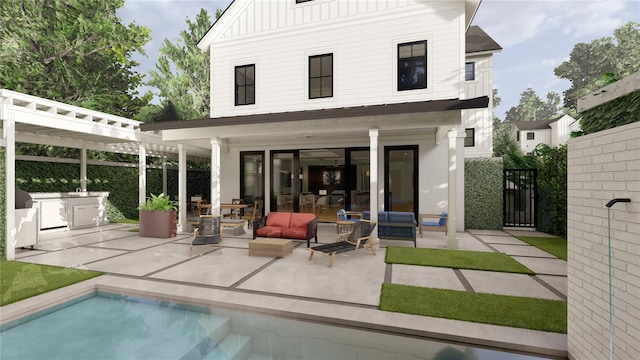 back of house featuring board and batten siding, a patio area, and fence