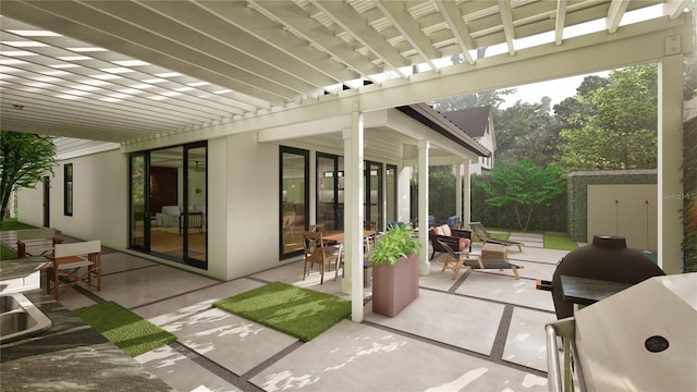 view of patio / terrace featuring an outbuilding, a storage shed, and a pergola