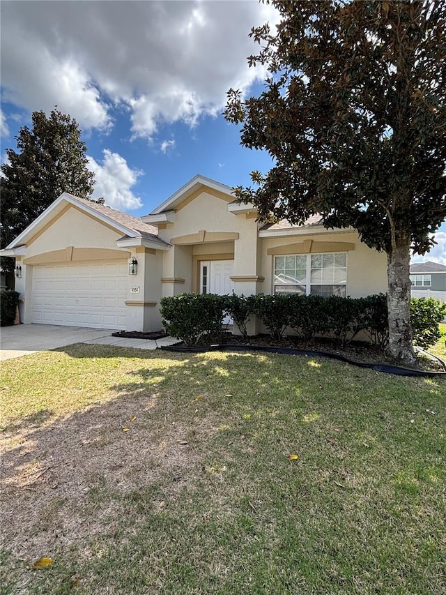 single story home featuring stucco siding, a garage, concrete driveway, and a front yard