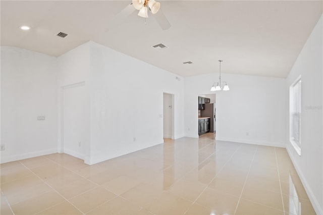 4954 SW 40th Pl, Ocala, FL 34474 - unfurnished room featuring vaulted ceiling, a chandelier, ceiling fan, light tile patterned floors, and baseboards