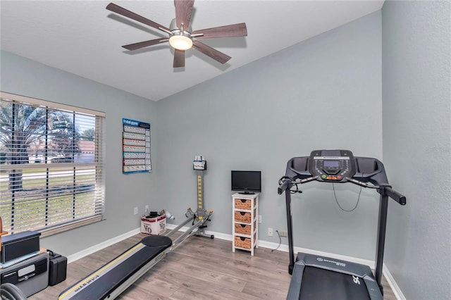 workout area featuring wood finished floors, a ceiling fan, and baseboards