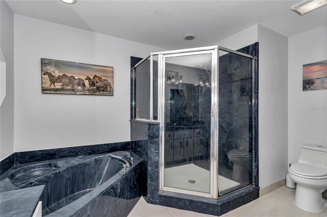 bathroom with a bath, a marble finish shower, toilet, and tile patterned floors