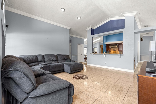 living room featuring lofted ceiling, light tile patterned floors, a textured ceiling, baseboards, and ornamental molding