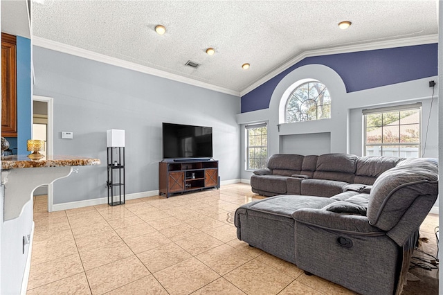 living area featuring light tile patterned floors, visible vents, vaulted ceiling, and crown molding