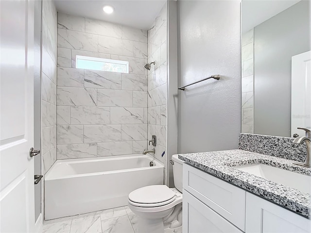 full bathroom with vanity,  shower combination, toilet, and marble finish floor