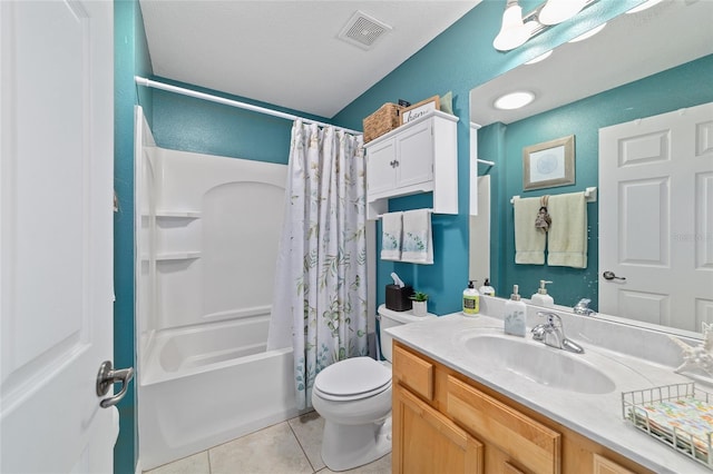 full bathroom with visible vents, toilet, tile patterned flooring, shower / bathtub combination with curtain, and vanity