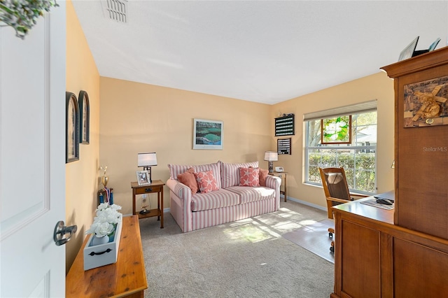 office area with light carpet, visible vents, and baseboards