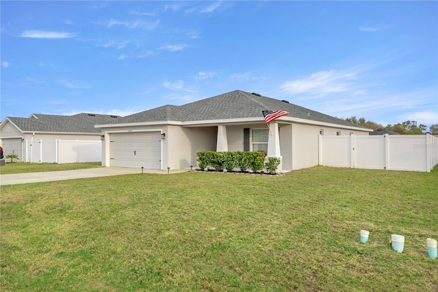 ranch-style house featuring driveway, a front lawn, an attached garage, and stucco siding