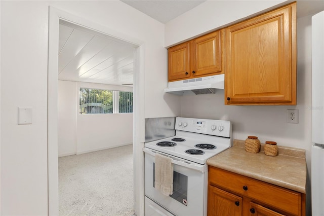 kitchen with electric range, light countertops, and under cabinet range hood